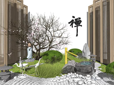 Zen Themed Garden Ornaments Featuring Karesansui Pebbles Green Grass Crane Statues Trees And Stone Fountain 3d model