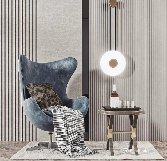 Modern Blue Single Sofa With Decorative Pillow Throw Blanket And Side Table On Striped Wall 3d model