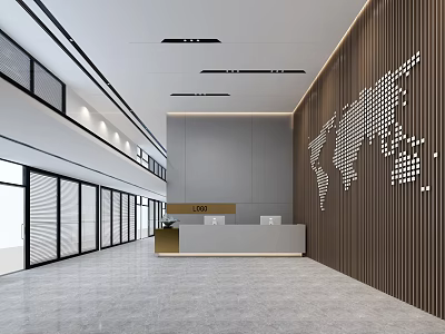 Modern Front Desk Reception Lobby With Wooden Wall World Map Logo And Glass Doors 3d model