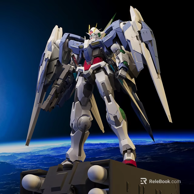 White Blue Red Gundam Model With Large Wings Standing Over Earth In Space 3d model 