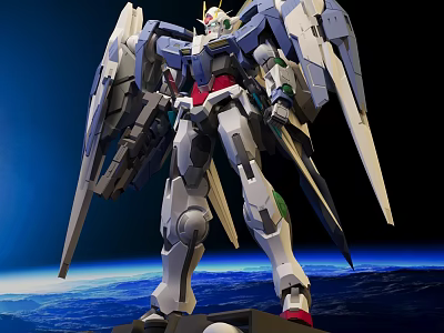 White Blue Red Gundam Model With Large Wings Standing Over Earth In Space 3d model