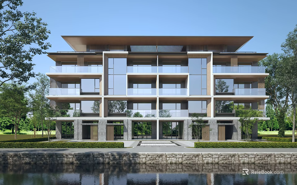 Modern Townhouse With Multi Story Design Glass Windows Balconies Greenery Water Feature Stone Wall Courtyard 3d model 