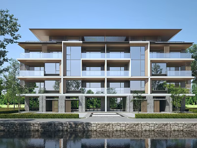 Modern Townhouse With Multi Story Design Glass Windows Balconies Greenery Water Feature Stone Wall Courtyard 3d model