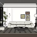 Modern Living Dining Room With White Sofa Black Geometric Rug Decorative Paintings And Green Plant