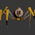 Yellow And Silver Mechanical Spider With Long Legs And Red Eyes