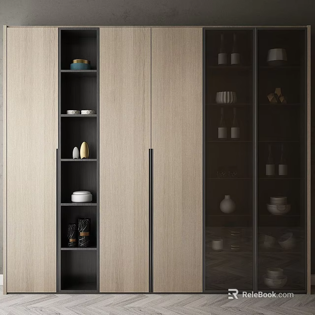 Modern Decorative Cabinet With Wooden Panels And Glass Doors Shelves Holding Dishes And Decor Ornaments 3d model 