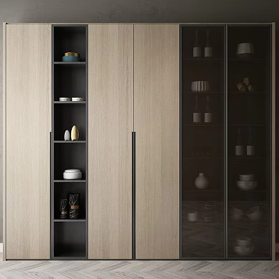 Modern Decorative Cabinet With Wooden Panels And Glass Doors Shelves Holding Dishes And Decor Ornaments 3d model