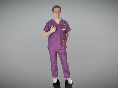 Man Standing Wearing Purple Medical Scrubs Holding Stethoscope Against Gray Background 3d model