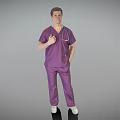 Man Standing Wearing Purple Medical Scrubs Holding Stethoscope Against Gray Background