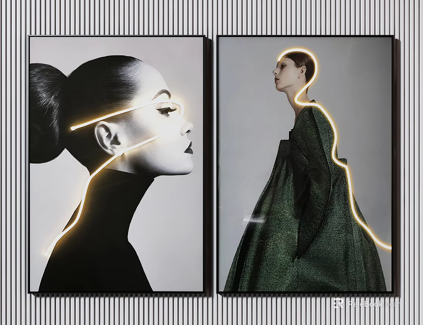 Stylish Portrait Paintings With Glowing Lines Black And White And Green Dress Side By Side 3d model 