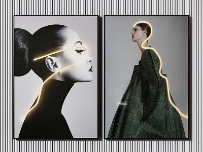Stylish Portrait Paintings With Glowing Lines Black And White And Green Dress Side By Side 3d model