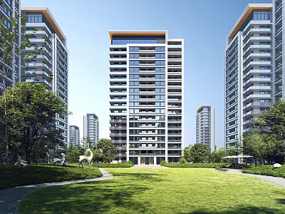 Modern High Rise Residential Building with Lush Green Lawn and Trees in Surroundings 3d model