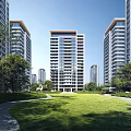 Modern High Rise Residential Building with Lush Green Lawn and Trees in Surroundings
