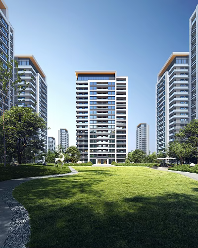 Modern High Rise Residential Building with Lush Green Lawn and Trees in Surroundings 3d model