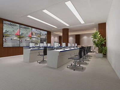 Spacious Bright Modern Monitoring Room With Multiple Screens Operation Consoles Computers Chairs And Green Plants 3d model