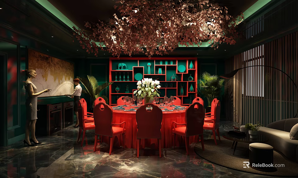 Elegant Private Dining Room With Round Table Red Chairs Green Shelves And Chandelier 3d model 