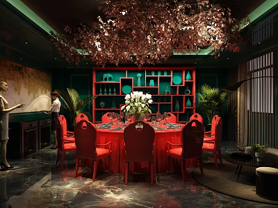 Elegant Private Dining Room With Round Table Red Chairs Green Shelves And Chandelier 3d model