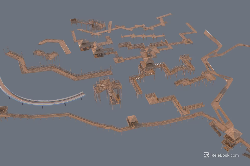 Intricate Wooden Architectural Layout With Winding Paths Curved Boardwalks And Huts 3d model 