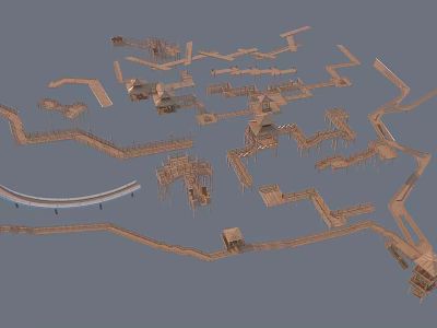 Intricate Wooden Architectural Layout With Winding Paths Curved Boardwalks And Huts 3d model