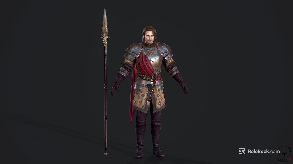 Game Movie Character in Decorative Armor With Red Cape Holding Spear Standing Pose 3d model 