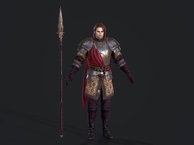 Game Movie Character in Decorative Armor With Red Cape Holding Spear Standing Pose 3d model