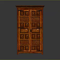 Traditional Wooden Carved Cabinet With Double Doors And Decorative Lattice Patterns In Dark Brown Tone