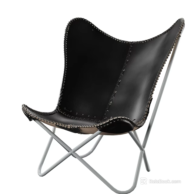 Modern Black Leather Accent Chair With Cross Metal Frame And Stitching Detail 3d model 