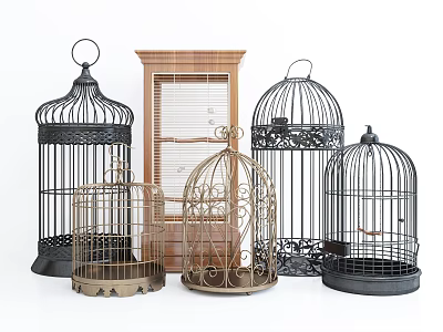 Ornamental Decor Set Featuring Various Birdcages And Wooden Cabinet With Intricate Designs 3d model