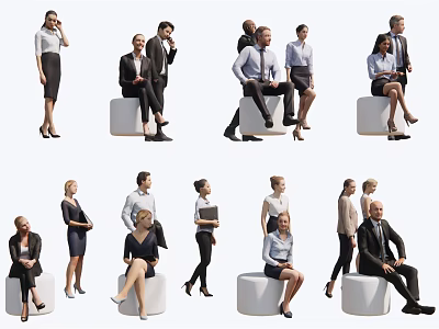Group of Business Professionals in Formal Attire with Various Standing and Sitting Poses 3d model