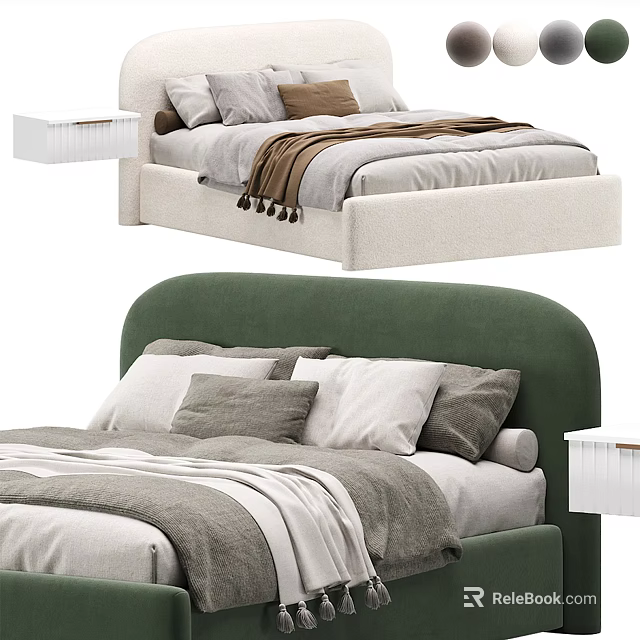 Modern Double Bed With Green Headboard Light Colored Frame Drawers And Soft Bedding Pillows 3d model