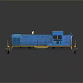 Blue Diesel Train Locomotive with Yellow Railings Chimney on Gray Background