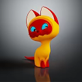 Cute Cartoon Cat Character with Yellow Body Red Ears and Big Blue Eyes