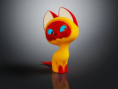 Cute Cartoon Cat Character with Yellow Body Red Ears and Big Blue Eyes 3d model
