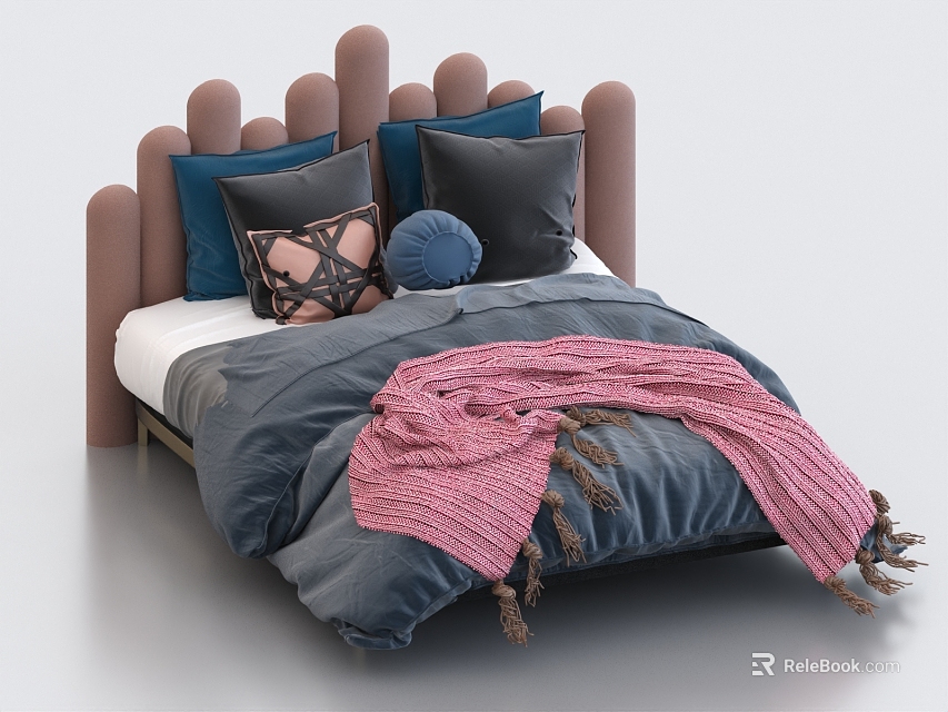 Modern Double Bed With Brown Cylindrical Headboard Navy Blue Quilt And Pink Knitted Blanket 3d model 