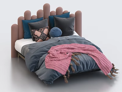Modern Double Bed With Brown Cylindrical Headboard Navy Blue Quilt And Pink Knitted Blanket 3d model