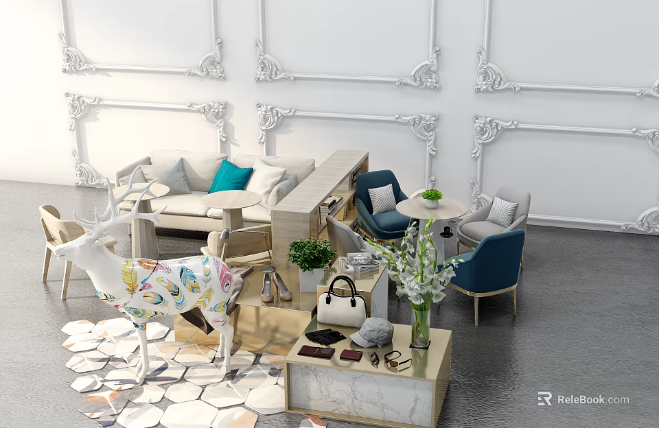 Elegant Display Shelves In Modern Living Room With Handbags Shoes And Decorative Plants 3d model 