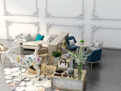 Elegant Display Shelves In Modern Living Room With Handbags Shoes And Decorative Plants 3d model