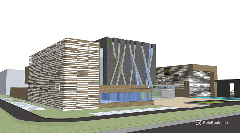 Modern Office Building Exterior With Striped Facade Glass Elements And Architectural Design 3d model 