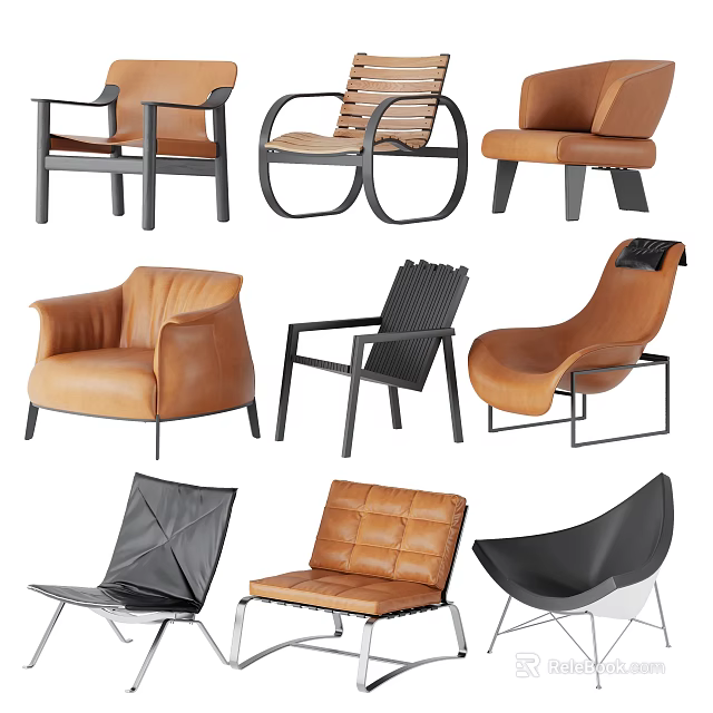 Modern Leisure Chairs Various Designs Leather Upholstery Metal Frames And Comfortable Backrests 3d model 