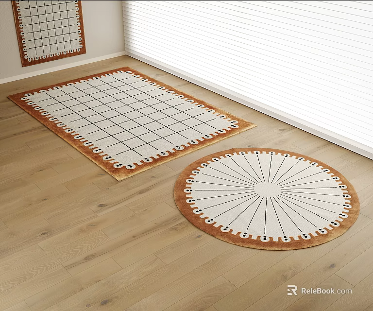Square Carpet with Checkerboard Pattern and Round Rug on Wooden Floor and Window Blinds 3d model 