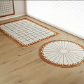 Square Carpet with Checkerboard Pattern and Round Rug on Wooden Floor and Window Blinds