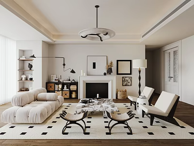 Modern Living Room Interior With Beige Sofa Fireplace Geometric Rug And Chandelier 3d model