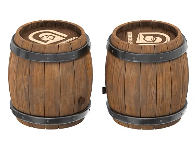 Two Traditional Wooden Barrels With Metal Hoops And Emblem On Lid 3d model