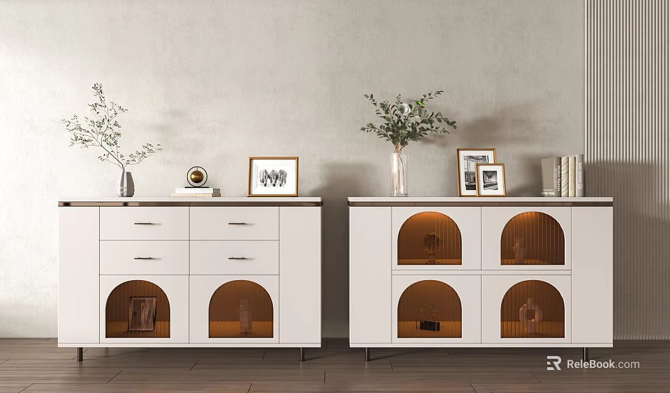 Modern White Sideboard With Drawers And Arched Doors Decorated With Vases Photo Frames And Books 3d model 
