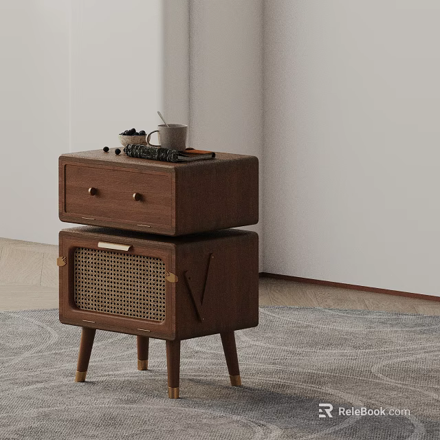 Modern Wooden Side Table With Drawers Woven Detail And Cup Tray On Top 3d model 