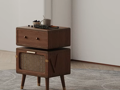 Modern Wooden Side Table With Drawers Woven Detail And Cup Tray On Top 3d model