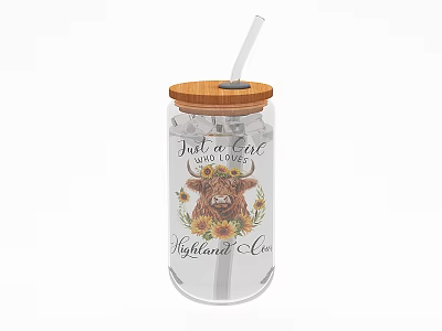 Glass Tumbler with Bamboo Lid Straw Featuring Highland Cow Sunflowers Girl Who Loves Highland Cows 3d model