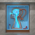 Creative Window Display Featuring Female Head Silhouette With Illuminated Brain Lipstick And Red High Heels 3d model