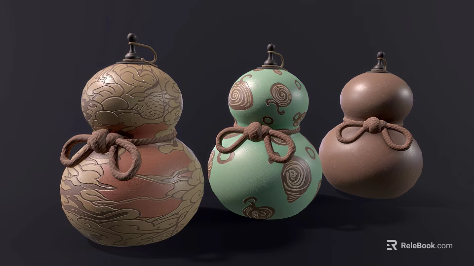 Three Gourd Shaped Sculptures With Carved Patterns And Knotted Rope Decorations 3d model 