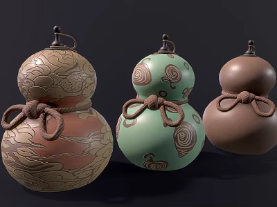Three Gourd Shaped Sculptures With Carved Patterns And Knotted Rope Decorations 3d model